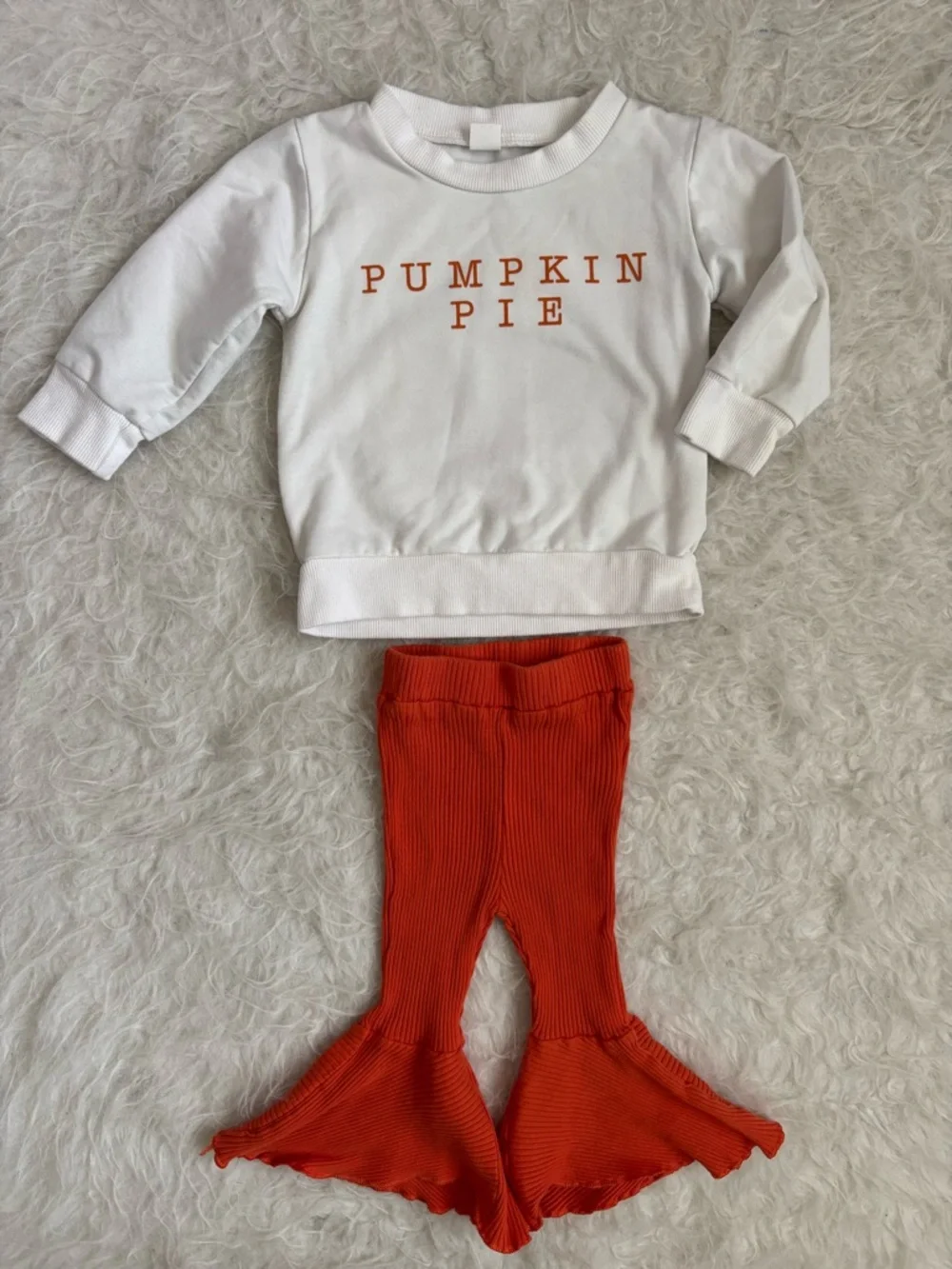 Baby Girl Pumpkin Pie White Sweatshirt & Orange Ruffle Flare Leggings Set